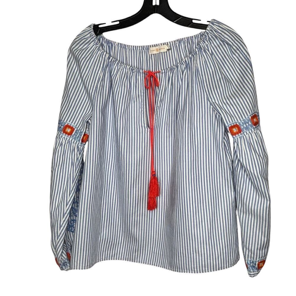 Tory Burch Madison Peasant Boho Striped Embroidered Tie Front Top Size 2